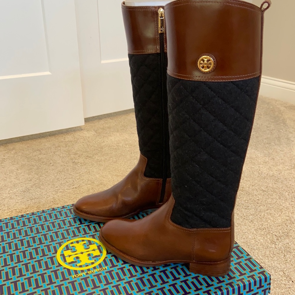 Tory Burch brown leather and charcoal wool size 6M Rosalie riding boots.